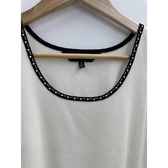 MING WANG Creamy White Tank Top Size Small Knit Black Collar Polka Dots Ivory - Picture 3 of 5